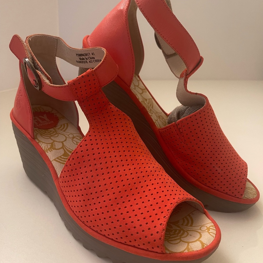 Fly London Red Sandals with Textured Upper and Platform Sole